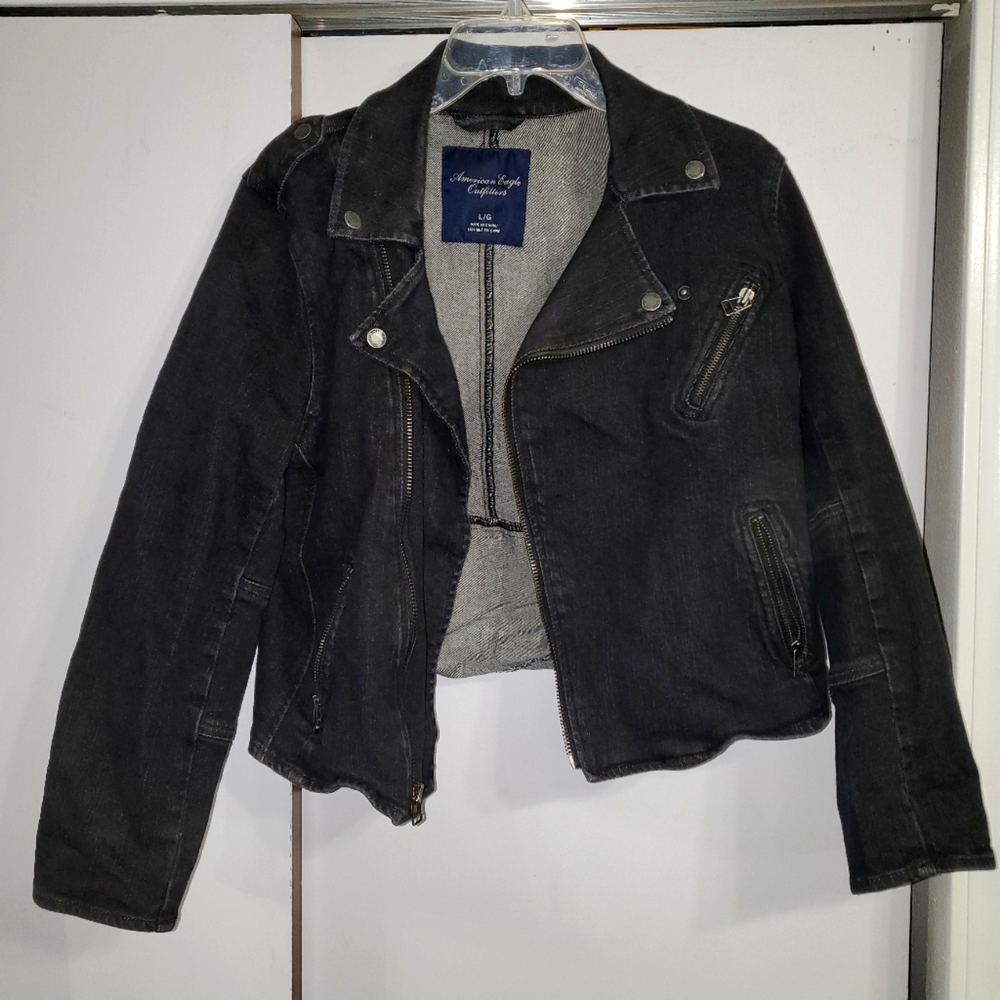 American Eagle Crop Denim Moto Jacket